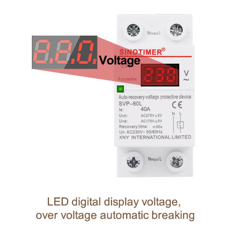 SINOTIMER 220V 40A LED Digital Display Delay Automatic Reset Under-voltage Protector, SVP-60L