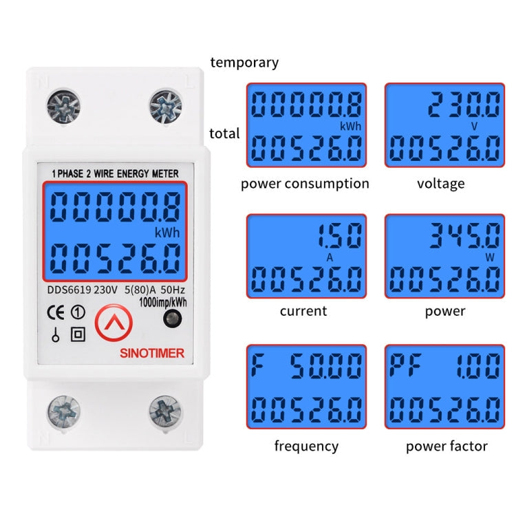 SINOTIMER DDS6619-526L-2 Can Reset Zero Backlight Display Single-phase Rail Electric Energy Meter, DDS6619-526L-2