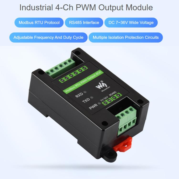 Waveshare Industrial 4-Ch PWM Output Module Modbus RTU RS485, Adjustable Frequency & Duty Cycle, Modbus RTU PWM Output 4CH