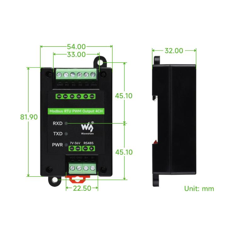 Waveshare Industrial 4-Ch PWM Output Module Modbus RTU RS485, Adjustable Frequency & Duty Cycle, Modbus RTU PWM Output 4CH
