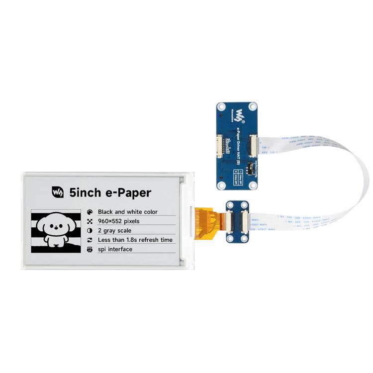 Waveshare 5inch E-Paper Display 960×552 Resolution, SPI Interface Compatible With Raspberry Pi GPIO, Display Only, With Driver HAT