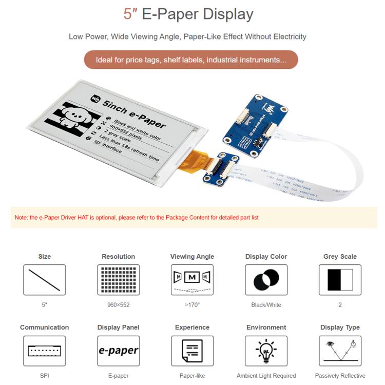 Waveshare 5inch E-Paper Display 960×552 Resolution, SPI Interface Compatible With Raspberry Pi GPIO, Display Only, With Driver HAT