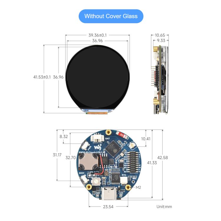 Waveshare ESP32-S3R8 1.46inch Round Touch Display Development Board, 412×412, Supports WiFi & Bluetooth, Without Cover Glass, With Cover Glass, With Widened Cover Glass