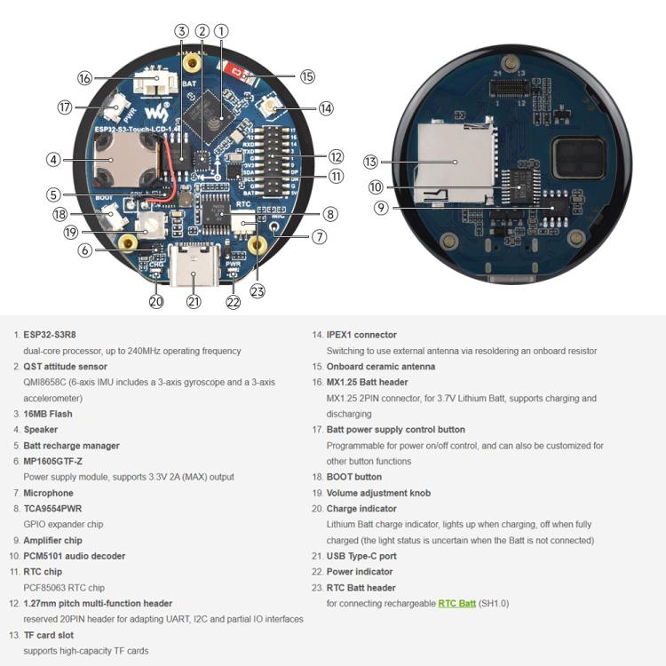 Waveshare ESP32-S3R8 1.46inch Round Touch Display Development Board, 412×412, Supports WiFi & Bluetooth, Without Cover Glass, With Cover Glass, With Widened Cover Glass