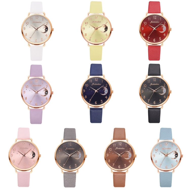 Ladies Moon Pattern Dial PU Strap Quartz Watch, White, Yellow, Red, Purple, Blue, Black, Pink, Grey, Brown, Red+Bracelet, Black+Bracelet, Tianlan+Bracelet