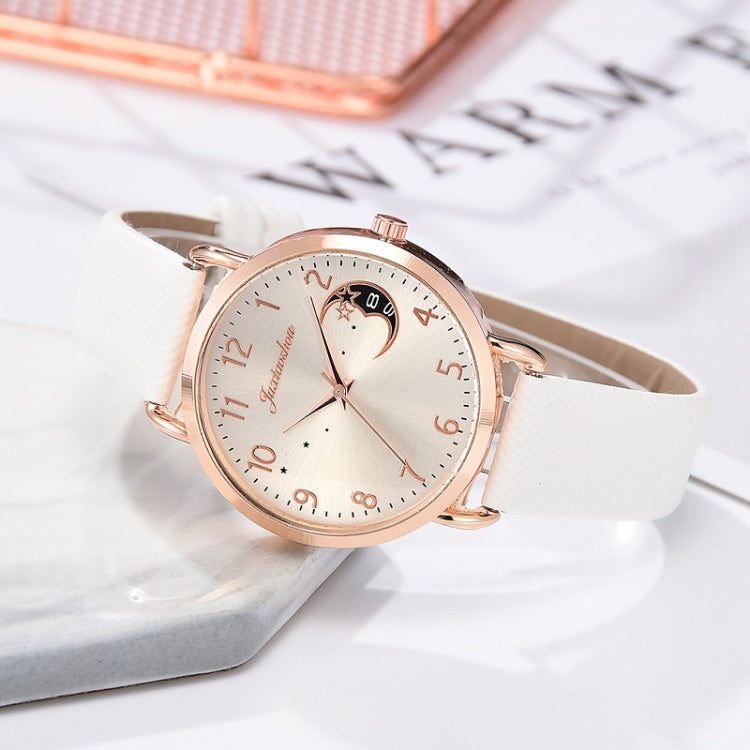 Ladies Moon Pattern Dial PU Strap Quartz Watch, White, Yellow, Red, Purple, Blue, Black, Pink, Grey, Brown, Red+Bracelet, Black+Bracelet, Tianlan+Bracelet
