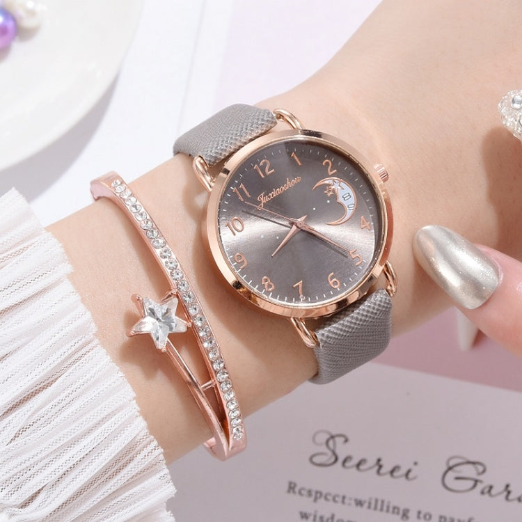 Ladies Moon Pattern Dial PU Strap Quartz Watch, White, Yellow, Red, Purple, Blue, Black, Pink, Grey, Brown, Red+Bracelet, Black+Bracelet, Tianlan+Bracelet