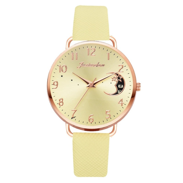 Ladies Moon Pattern Dial PU Strap Quartz Watch, White, Yellow, Red, Purple, Blue, Black, Pink, Grey, Brown, Red+Bracelet, Black+Bracelet, Tianlan+Bracelet