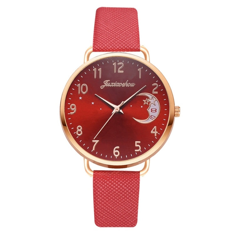 Ladies Moon Pattern Dial PU Strap Quartz Watch, White, Yellow, Red, Purple, Blue, Black, Pink, Grey, Brown, Red+Bracelet, Black+Bracelet, Tianlan+Bracelet