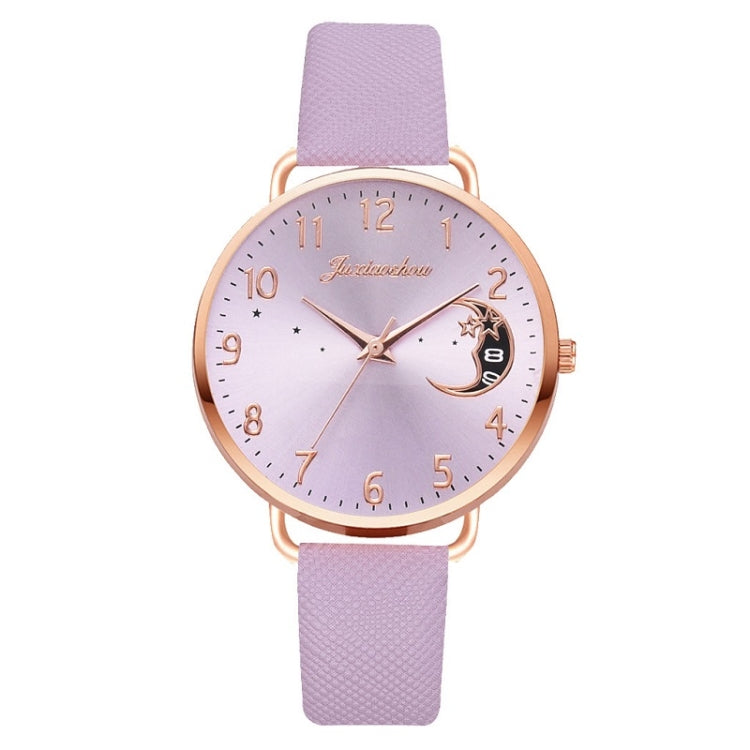 Ladies Moon Pattern Dial PU Strap Quartz Watch, White, Yellow, Red, Purple, Blue, Black, Pink, Grey, Brown, Red+Bracelet, Black+Bracelet, Tianlan+Bracelet