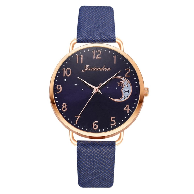Ladies Moon Pattern Dial PU Strap Quartz Watch, White, Yellow, Red, Purple, Blue, Black, Pink, Grey, Brown, Red+Bracelet, Black+Bracelet, Tianlan+Bracelet