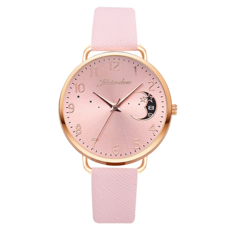 Ladies Moon Pattern Dial PU Strap Quartz Watch, White, Yellow, Red, Purple, Blue, Black, Pink, Grey, Brown, Red+Bracelet, Black+Bracelet, Tianlan+Bracelet