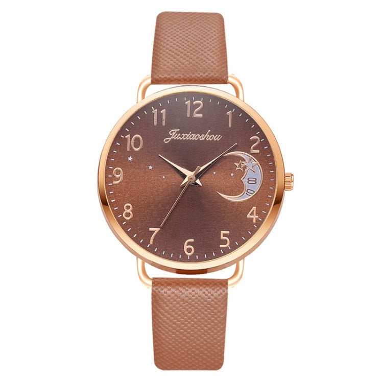 Ladies Moon Pattern Dial PU Strap Quartz Watch, White, Yellow, Red, Purple, Blue, Black, Pink, Grey, Brown, Red+Bracelet, Black+Bracelet, Tianlan+Bracelet