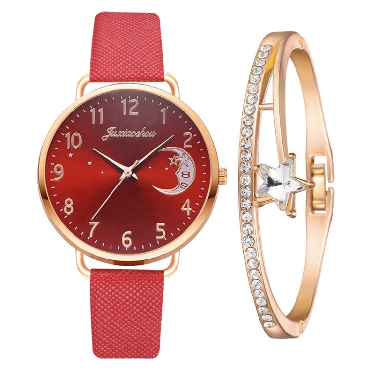 Ladies Moon Pattern Dial PU Strap Quartz Watch, White, Yellow, Red, Purple, Blue, Black, Pink, Grey, Brown, Red+Bracelet, Black+Bracelet, Tianlan+Bracelet