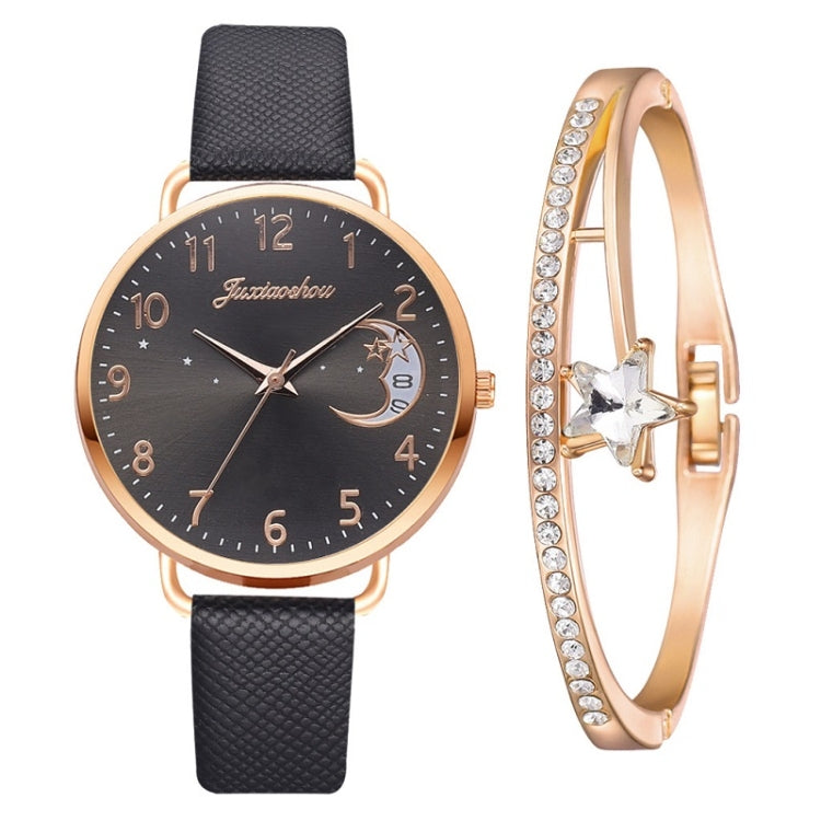 Ladies Moon Pattern Dial PU Strap Quartz Watch, White, Yellow, Red, Purple, Blue, Black, Pink, Grey, Brown, Red+Bracelet, Black+Bracelet, Tianlan+Bracelet