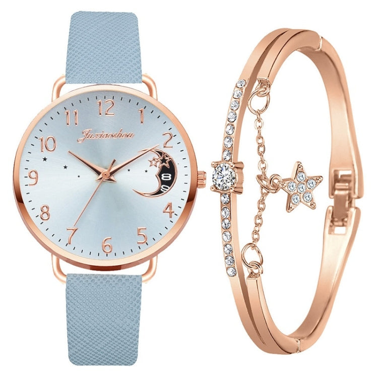 Ladies Moon Pattern Dial PU Strap Quartz Watch, White, Yellow, Red, Purple, Blue, Black, Pink, Grey, Brown, Red+Bracelet, Black+Bracelet, Tianlan+Bracelet