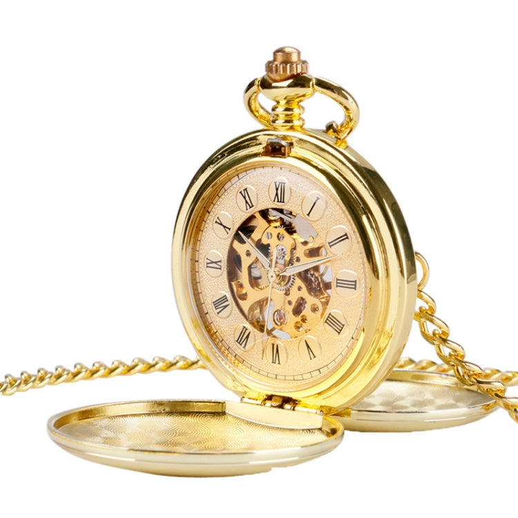 pm240 Classic Double Open Double Face Vintage Manual Mechanical Pocket Watch with Roman Lettering, Black Shell Black Face Gold Movement, Silver Shell Silver Face Silver Movement, Gold Shell Gold Face Movement, Round Opening Gold Shell Gold Face
