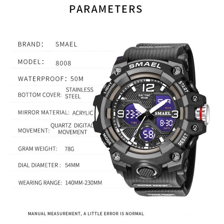 SMAEL 8008 Outdoor Sports Multifunctional Waterproof Luminous Men Watch, Black Blue