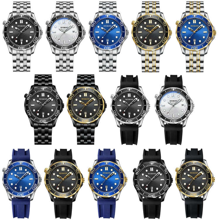 BINBOND B2820 Luminous 30m Waterproof Men Sports Quartz Watch, Inter-gold Black Surface, Inter-gold Blue Surface, Blue Silicon White Steel Blue