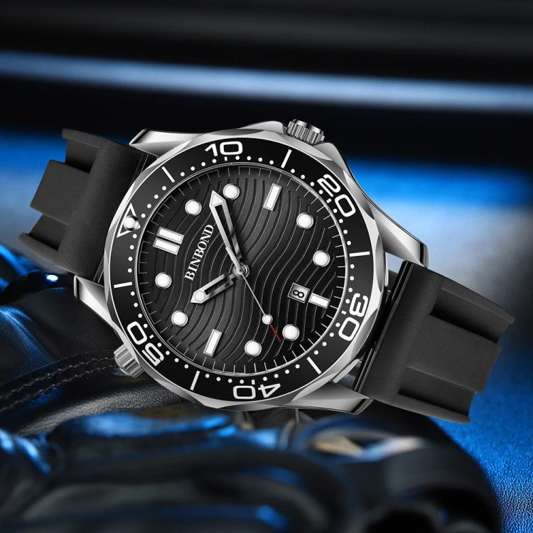 BINBOND B2820 Luminous 30m Waterproof Men Sports Quartz Watch, Inter-gold Black Surface, Inter-gold Blue Surface, Blue Silicon White Steel Blue