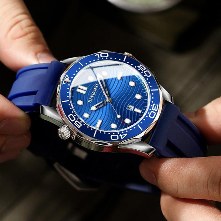 BINBOND B2820 Luminous 30m Waterproof Men Sports Quartz Watch, Inter-gold Black Surface, Inter-gold Blue Surface, Blue Silicon White Steel Blue