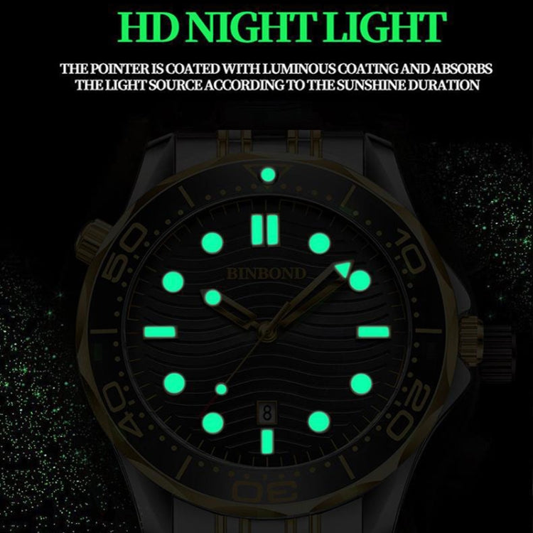 BINBOND B2820 Luminous 30m Waterproof Men Sports Quartz Watch, Inter-gold Black Surface, Inter-gold Blue Surface, Blue Silicon White Steel Blue
