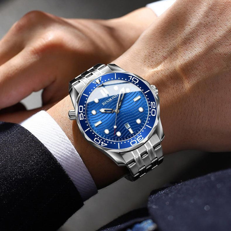 BINBOND B2820 Luminous 30m Waterproof Men Sports Quartz Watch, Inter-gold Black Surface, Inter-gold Blue Surface, Blue Silicon White Steel Blue