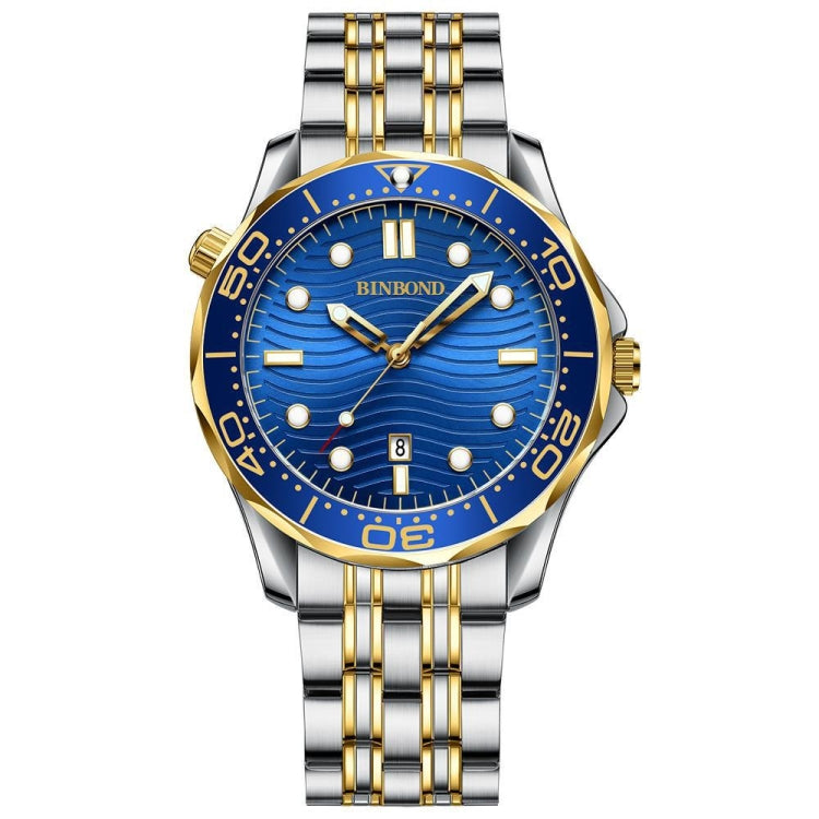 BINBOND B2820 Luminous 30m Waterproof Men Sports Quartz Watch, Inter-gold Black Surface, Inter-gold Blue Surface, Blue Silicon White Steel Blue