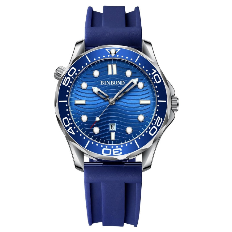BINBOND B2820 Luminous 30m Waterproof Men Sports Quartz Watch, Inter-gold Black Surface, Inter-gold Blue Surface, Blue Silicon White Steel Blue