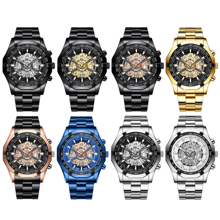BINBOND S033 Hollowed Mechanical 30m Waterproof Luminous Quartz Watch, Black Steel-Black-Gold, Black Steel-Black-Rose Gold, Full Gold-Black-Gold, Blue Steel-Blue