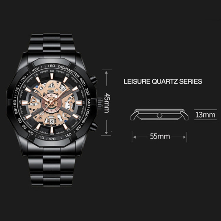 BINBOND S033 Hollowed Mechanical 30m Waterproof Luminous Quartz Watch, Black Steel-Black-Gold, Black Steel-Black-Rose Gold, Full Gold-Black-Gold, Blue Steel-Blue
