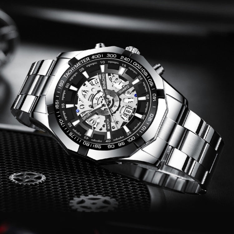 BINBOND S033 Hollowed Mechanical 30m Waterproof Luminous Quartz Watch, Black Steel-Black-Gold, Black Steel-Black-Rose Gold, Full Gold-Black-Gold, Blue Steel-Blue