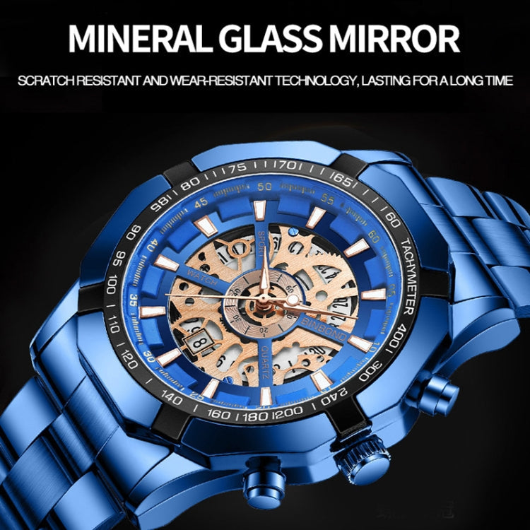 BINBOND S033 Hollowed Mechanical 30m Waterproof Luminous Quartz Watch, Black Steel-Black-Gold, Black Steel-Black-Rose Gold, Full Gold-Black-Gold, Blue Steel-Blue