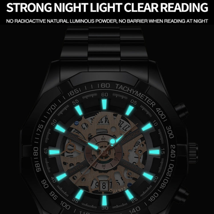 BINBOND S033 Hollowed Mechanical 30m Waterproof Luminous Quartz Watch, Black Steel-Black-Gold, Black Steel-Black-Rose Gold, Full Gold-Black-Gold, Blue Steel-Blue
