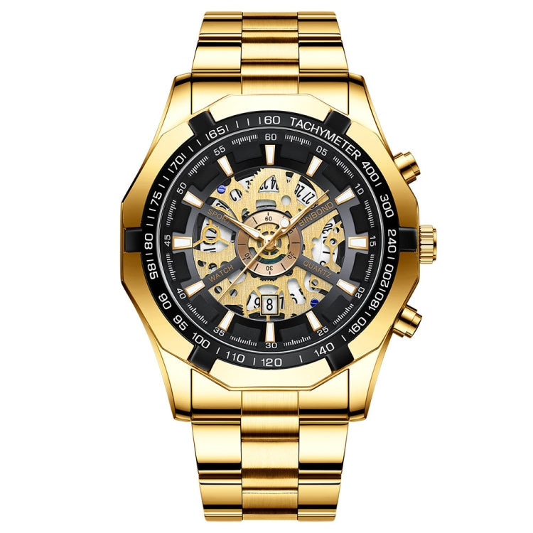 BINBOND S033 Hollowed Mechanical 30m Waterproof Luminous Quartz Watch, Black Steel-Black-Gold, Black Steel-Black-Rose Gold, Full Gold-Black-Gold, Blue Steel-Blue