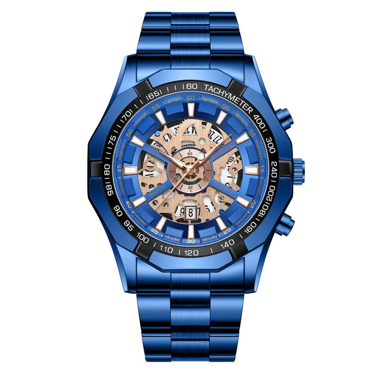BINBOND S033 Hollowed Mechanical 30m Waterproof Luminous Quartz Watch, Black Steel-Black-Gold, Black Steel-Black-Rose Gold, Full Gold-Black-Gold, Blue Steel-Blue