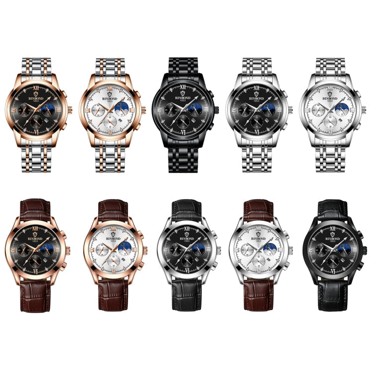 BINBOND B3591 30m Waterproof Luminous Calendar Men Watch, Black Steel-Black, Black Leather-White-Black, Brown Leather-White-White