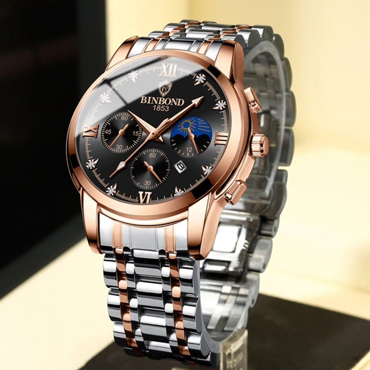 BINBOND B3591 30m Waterproof Luminous Calendar Men Watch, Black Steel-Black, Black Leather-White-Black, Brown Leather-White-White