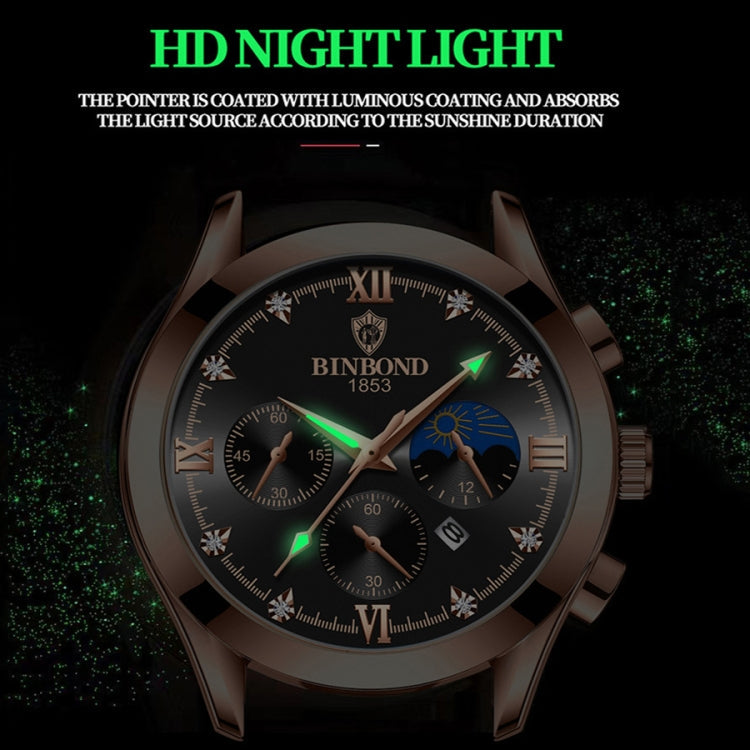 BINBOND B3591 30m Waterproof Luminous Calendar Men Watch, Black Steel-Black, Black Leather-White-Black, Brown Leather-White-White
