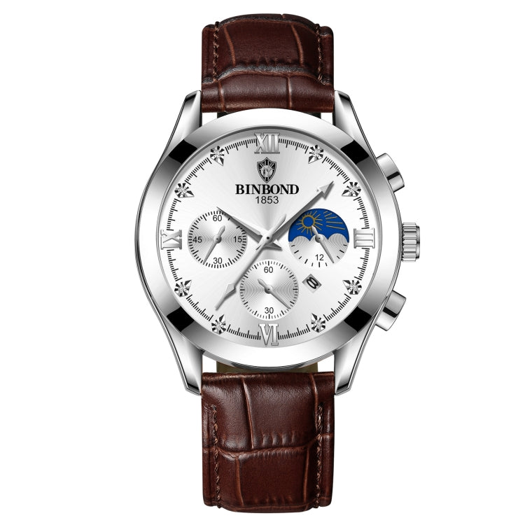 BINBOND B3591 30m Waterproof Luminous Calendar Men Watch, Black Steel-Black, Black Leather-White-Black, Brown Leather-White-White