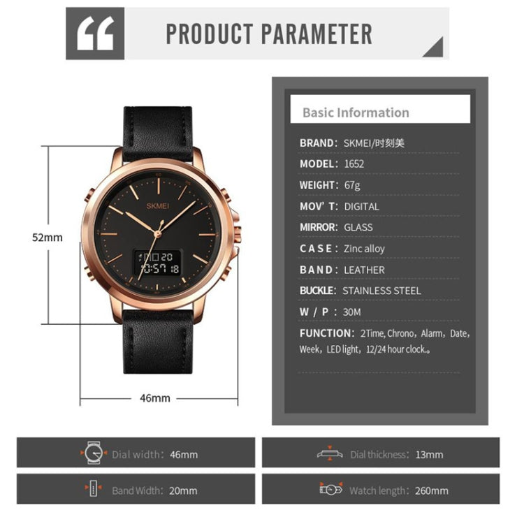 SKMEI 1652 Dual Movement Sports Leather Alloy Male Watch, Rose Gold Shell White Machine, Rose Gold Shell Black Machine, Gold Shell Black Machine, Black Shell Black Machine, Silver Shell White Machine, Silver Shell Black Machine