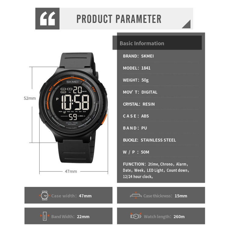 SKMEI 1841 Outdoor Sports Students Waterproof Luminous Countdown Watch, 1841 Black, 1841 Light Grey