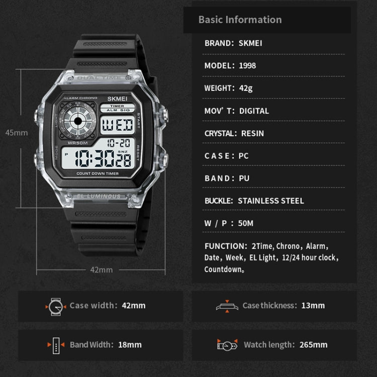SKMEI 1998 Transparent Shell Ice Sensor Outdoor Sports Waterproof Multi-function Watch, 1998 White, 1998 Black