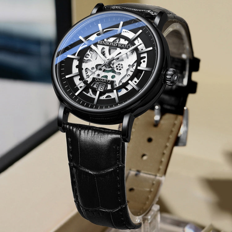 BINBOND B7872 Multifunctional Hollow Luminous Waterproof Quartz Watch, Black Steel-Black-White, Black Leather-Black-Black, Black Leather-White-Black