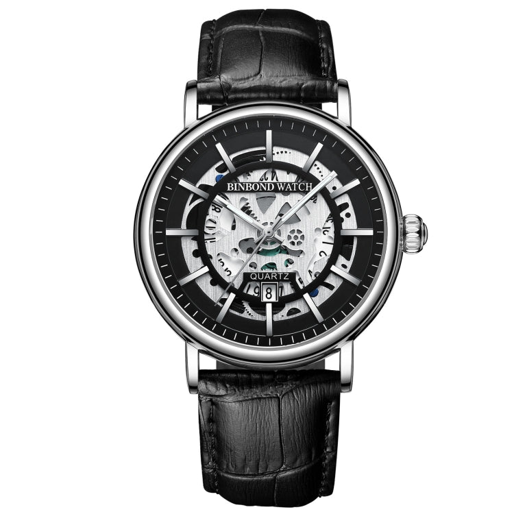 BINBOND B7872 Multifunctional Hollow Luminous Waterproof Quartz Watch, Black Steel-Black-White, Black Leather-Black-Black, Black Leather-White-Black