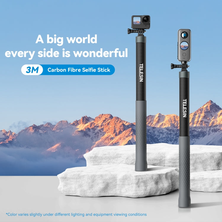 TELESIN 3M Carbon Fiber Selfie Stick Monopod  With 1/4 Screw For DJI, Insta360, GoPro and Other Action Cameras, 3m