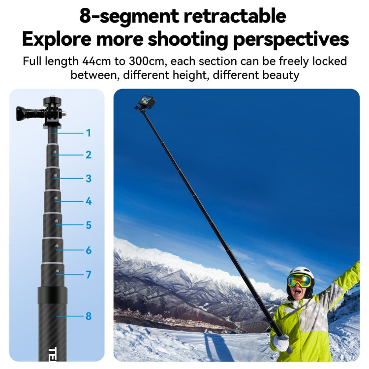 TELESIN 3M Carbon Fiber Selfie Stick Monopod  With 1/4 Screw For DJI, Insta360, GoPro and Other Action Cameras, 3m
