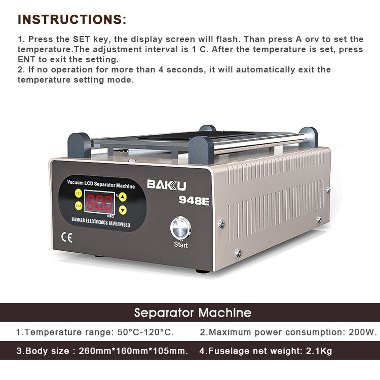 BAKU BA-948E Mobile Phone Liquid Crystal Separation Machine Flat Display Separator Heating Board, BA-948E 110V, BA-948E 220V