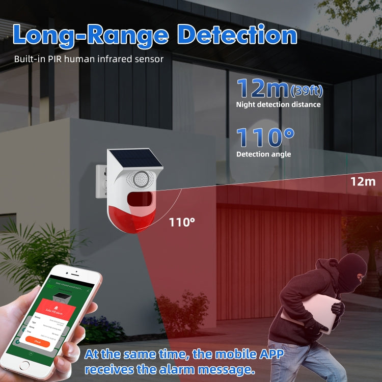 Infrared Motion Detector Solar Outdoor PIR Wireless Strobe Siren Detector Sound Alarm, CT80R USB Upgrade Model