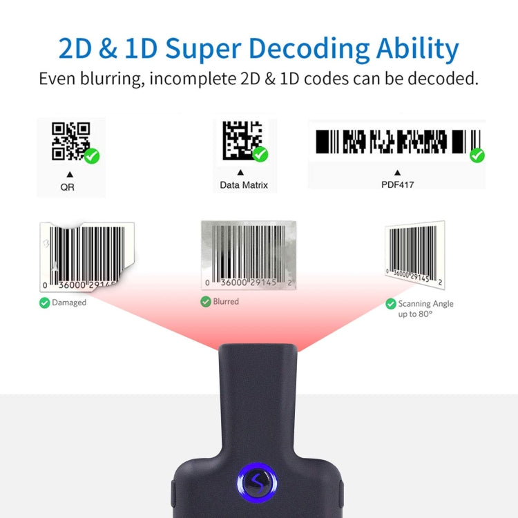 HC101D  2D Bluetooth Barcode Scanner Wireless Back Clip Phone Barcode Reader, 2D Side